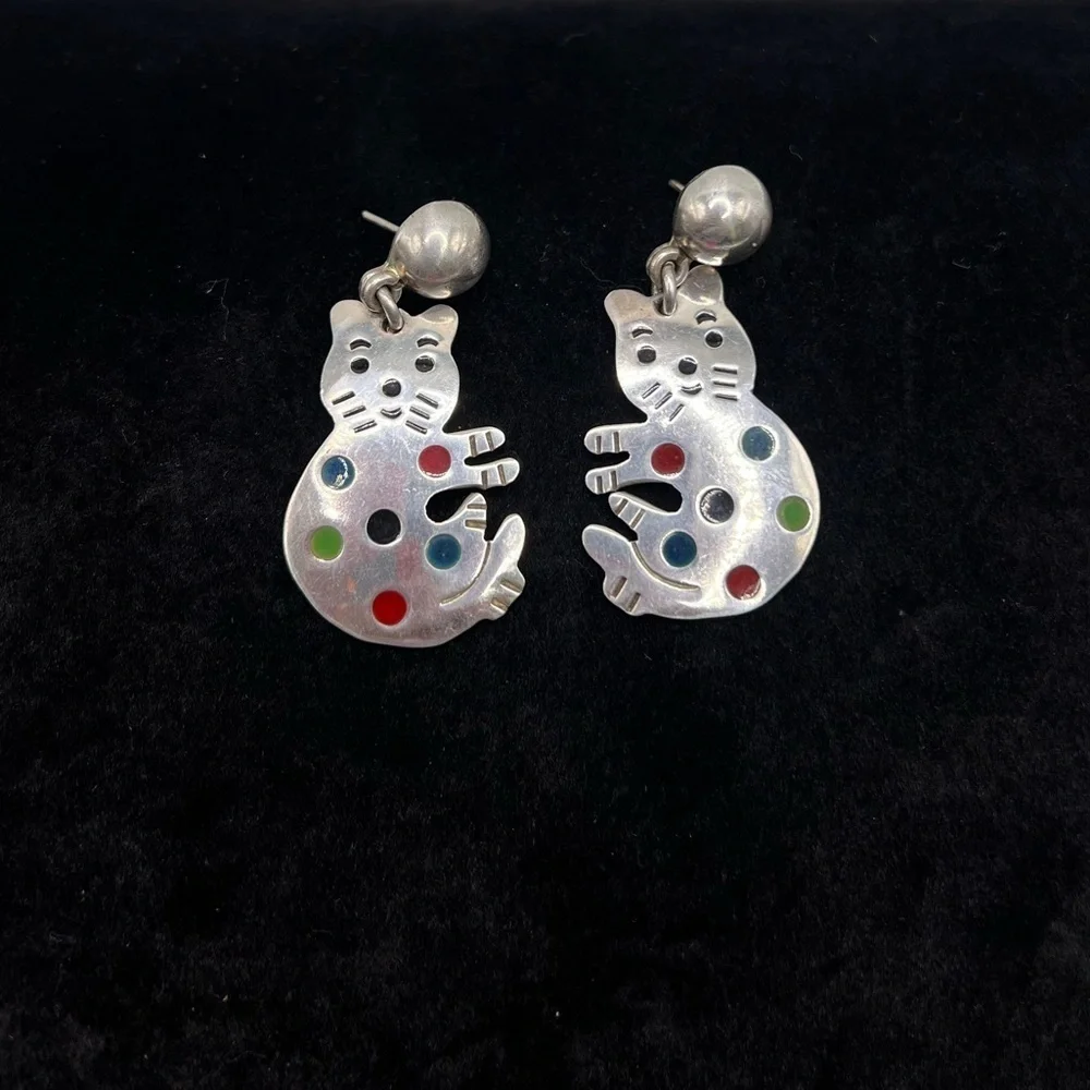 Vintage Mexico 925 Sterling Silver Cat Earrings Enamel
